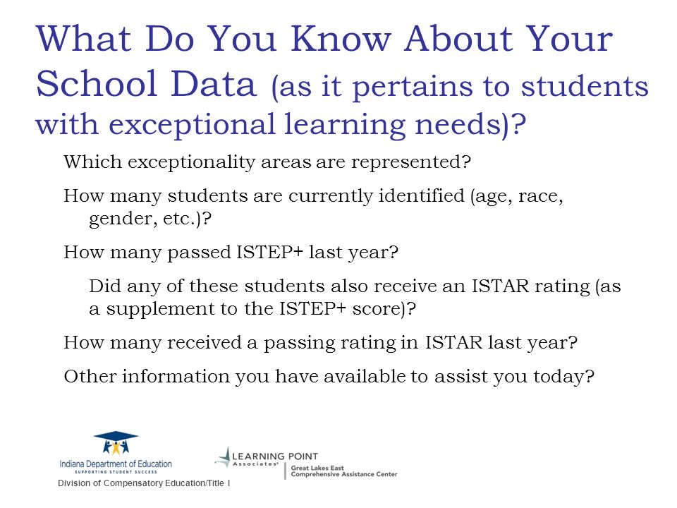 Division of Compensatory Education/Title I What Do You Know About Your School Data (as it pertains to students with exceptional learning needs).