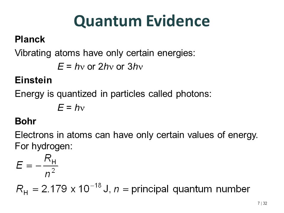 Quantum Evidence 7 | 32 Planck Vibrating atoms have only certain energies: E = h or 2h or 3h Einstein Energy is quantized in particles called photons: E = h Bohr Electrons in atoms can have only certain values of energy.