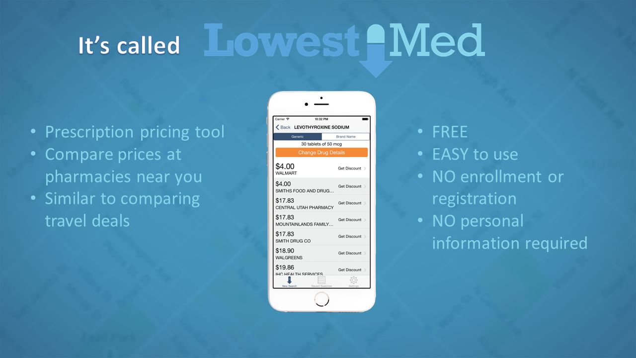 Prescription pricing tool Compare prices at pharmacies near you Similar to comparing travel deals FREE EASY to use NO enrollment or registration NO personal information required