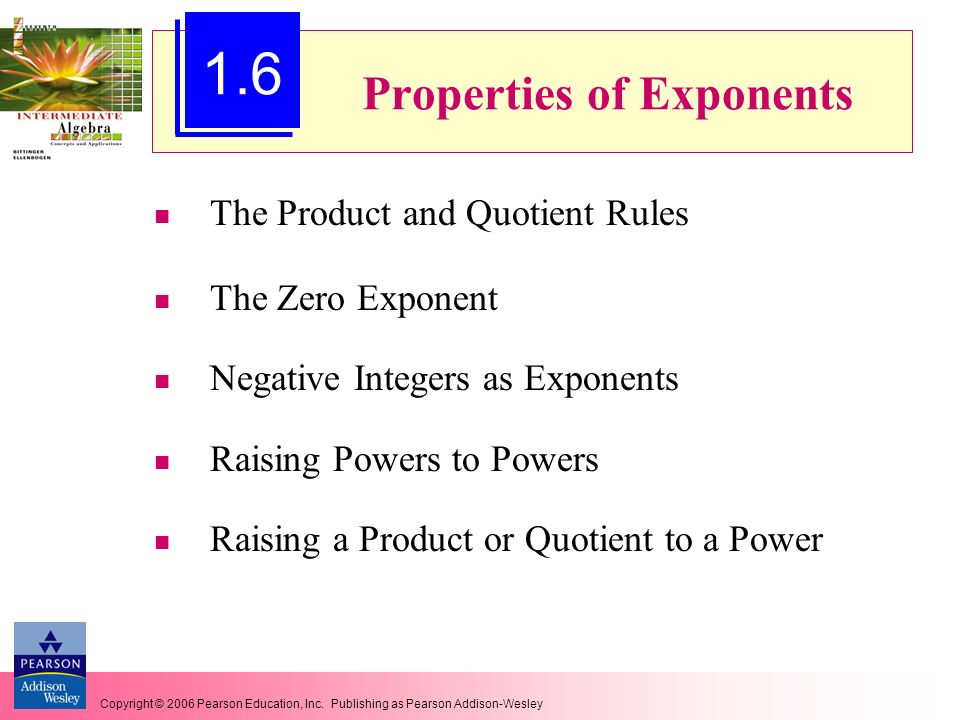 Properties of Exponents The Product and Quotient Rules The Zero Exponent Negative Integers as Exponents Raising Powers to Powers Raising a Product or Quotient to a Power 1.6