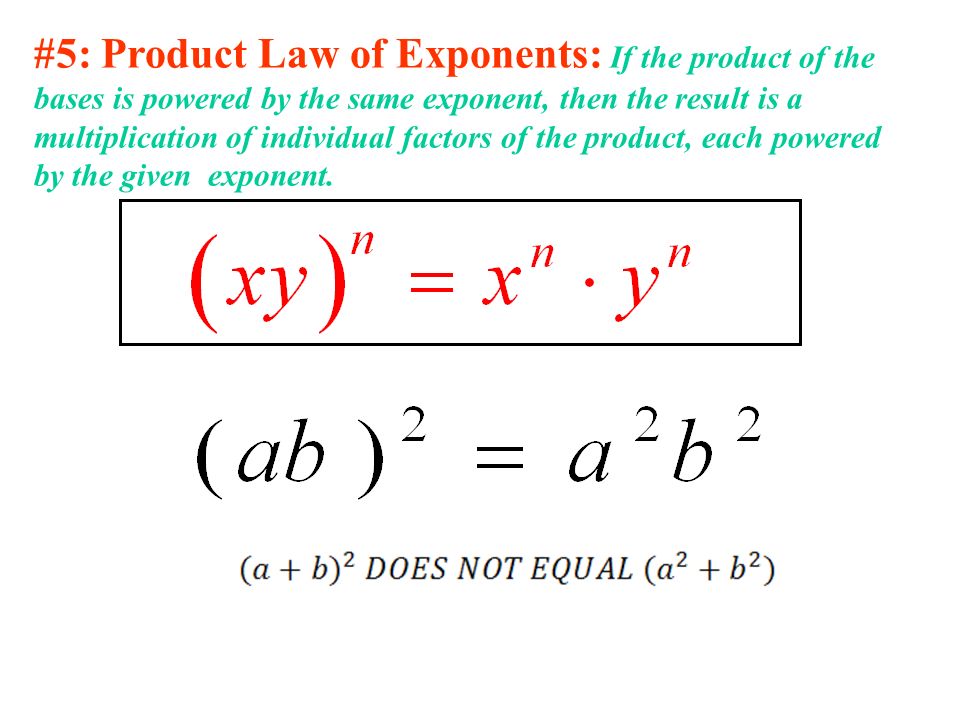 #5: Product Law of Exponents: If the product of the bases is powered by the same exponent, then the result is a multiplication of individual factors of the product, each powered by the given exponent.