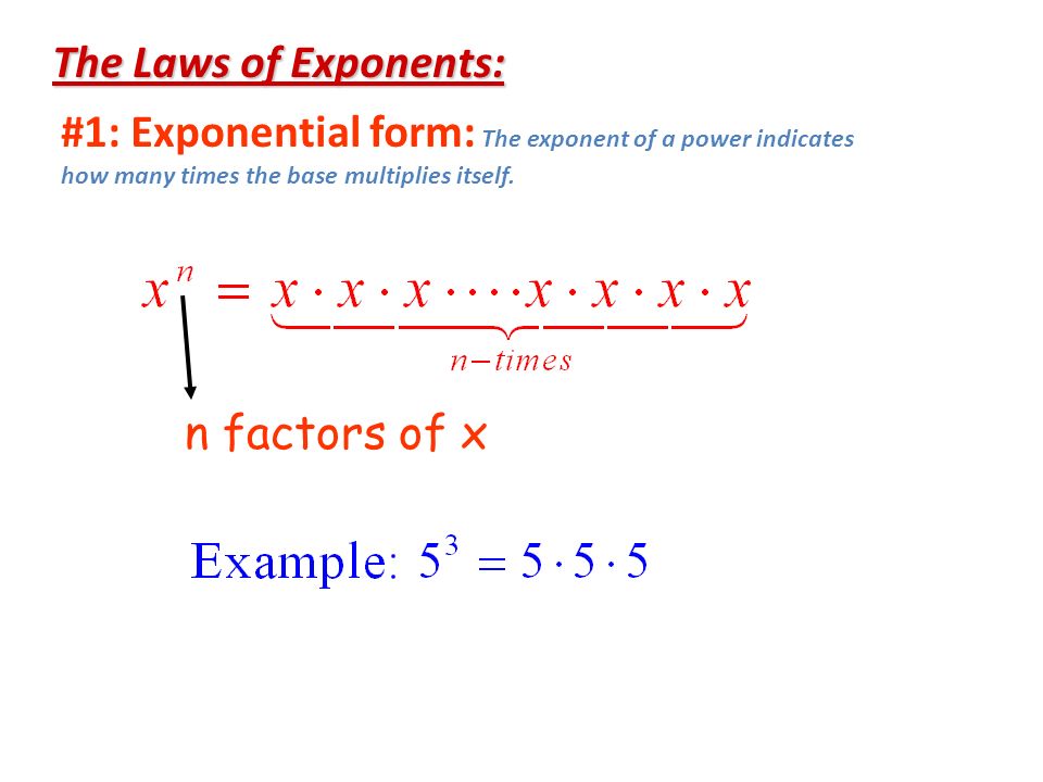 The Laws of Exponents: #1: Exponential form: The exponent of a power indicates how many times the base multiplies itself.