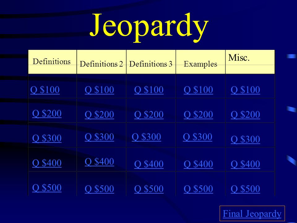 Jeopardy Definitions Definitions 2Definitions 3Examples Misc.