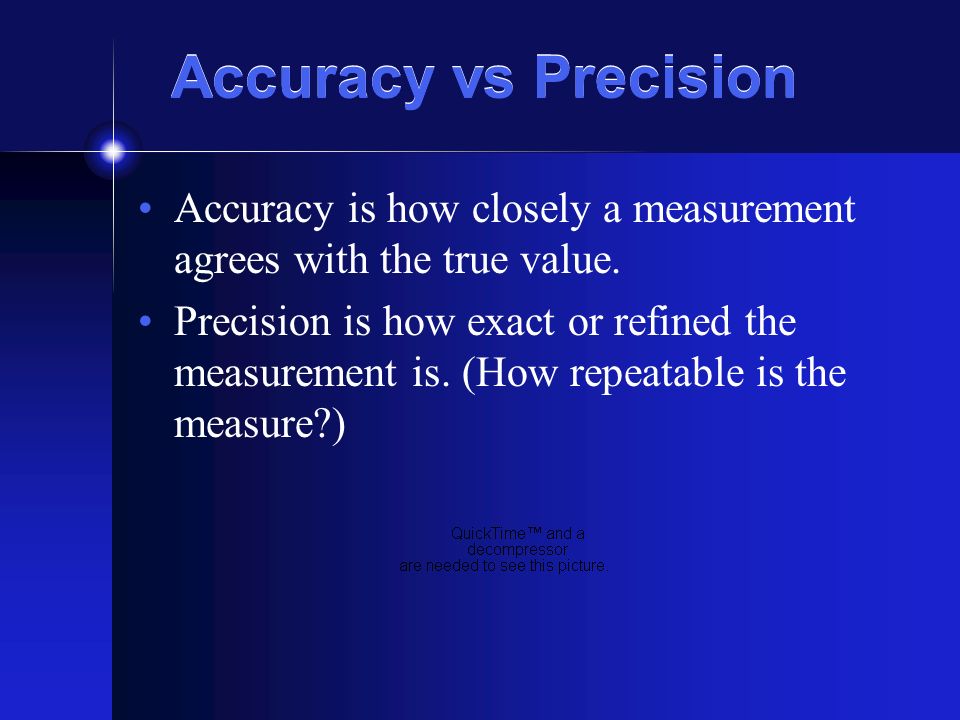Accuracy vs Precision Accuracy is how closely a measurement agrees with the true value.