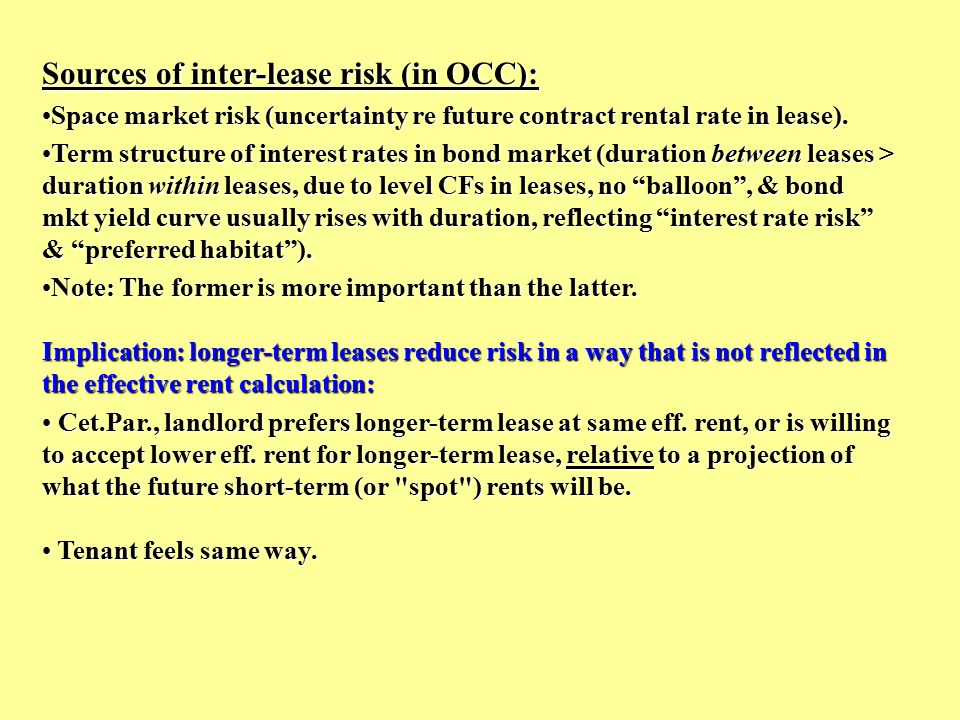Sources of inter-lease risk (in OCC): Space market risk (uncertainty re future contract rental rate in lease).Space market risk (uncertainty re future contract rental rate in lease).