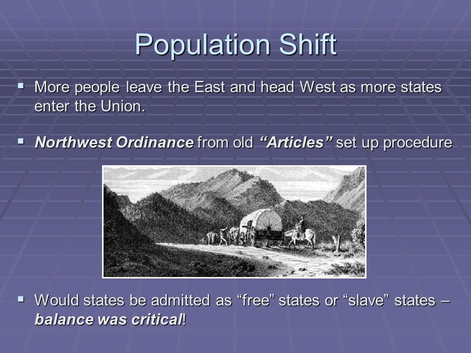 Population Shift  More people leave the East and head West as more states enter the Union.