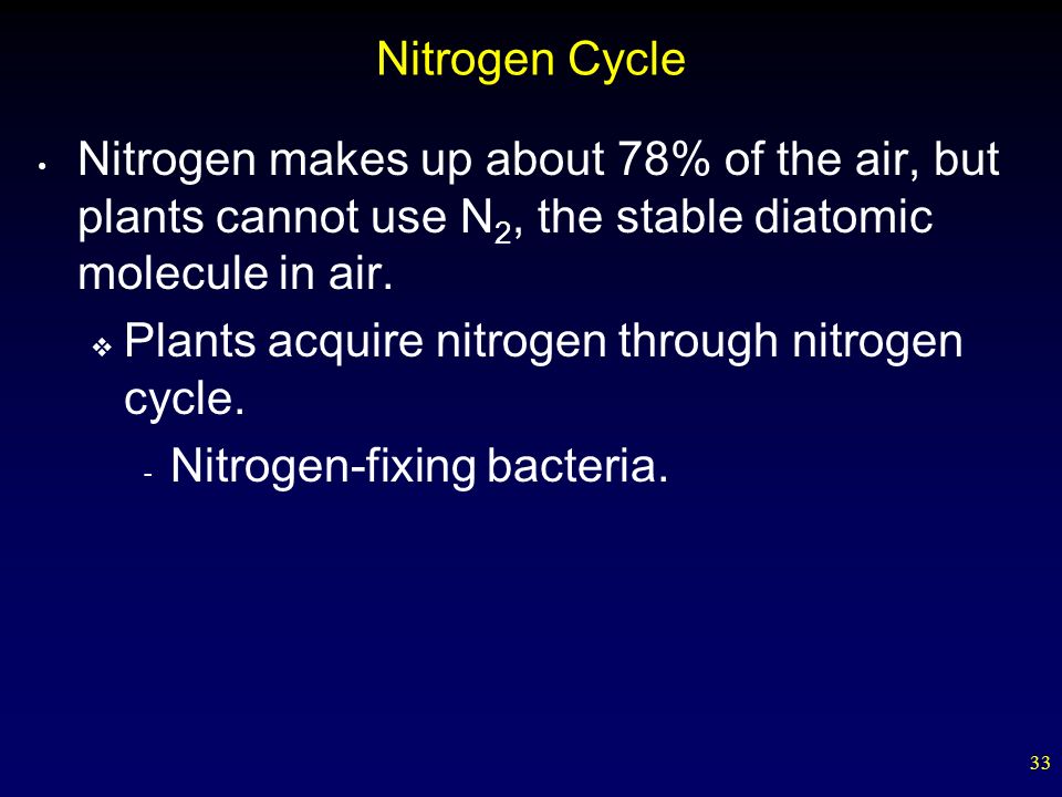 33 Nitrogen Cycle Nitrogen makes up about 78% of the air, but plants cannot use N 2, the stable diatomic molecule in air.