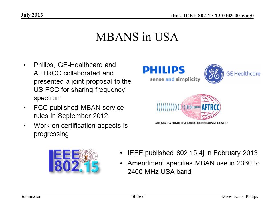 doc.: IEEE wng0 Submission July 2013 Dave Evans, PhilipsSlide 6 MBANS in USA Philips, GE-Healthcare and AFTRCC collaborated and presented a joint proposal to the US FCC for sharing frequency spectrum FCC published MBAN service rules in September 2012 Work on certification aspects is progressing IEEE published j in February 2013 Amendment specifies MBAN use in 2360 to 2400 MHz USA band