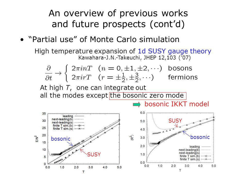 Partial use of Monte Carlo simulation High temperature expansion of 1d SUSY gauge theory Kawahara-J.N.-Takeuchi, JHEP 12,103 (’07) At high T, one can integrate out all the modes except the bosonic zero mode bosonic IKKT model An overview of previous works and future prospects (cont’d) bosonic SUSY bosonic SUSY