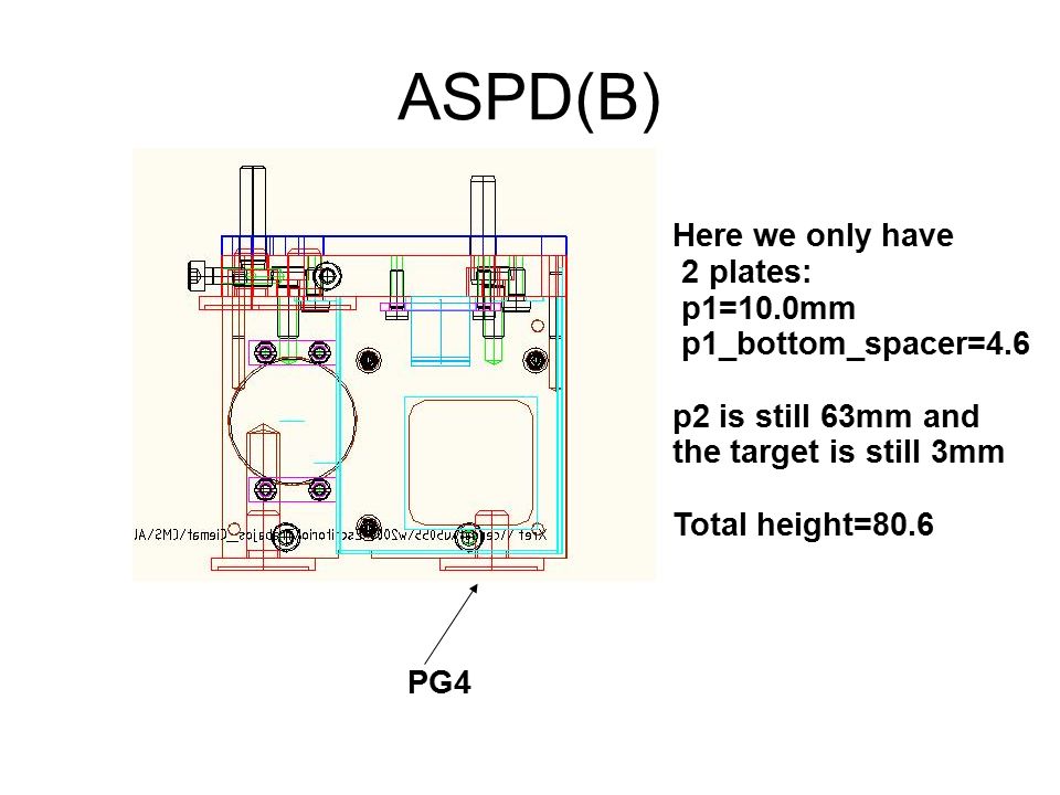 ASPD(B) Here we only have 2 plates: p1=10.0mm p1_bottom_spacer=4.6 p2 is still 63mm and the target is still 3mm Total height=80.6 PG4