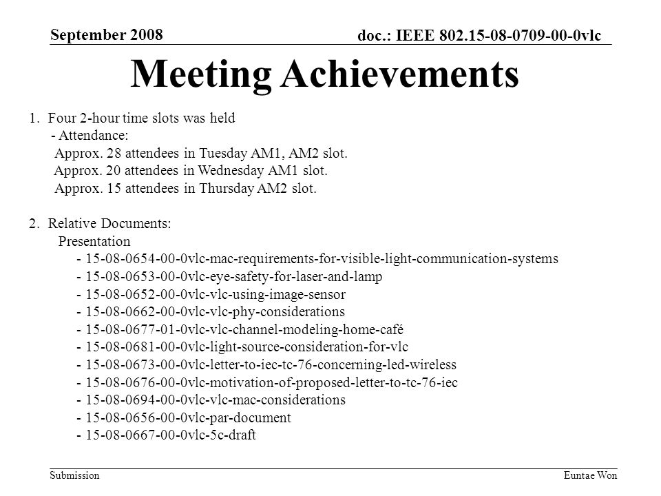 doc.: IEEE vlc Submission September 2008 Euntae Won 1.Four 2-hour time slots was held - Attendance: Approx.