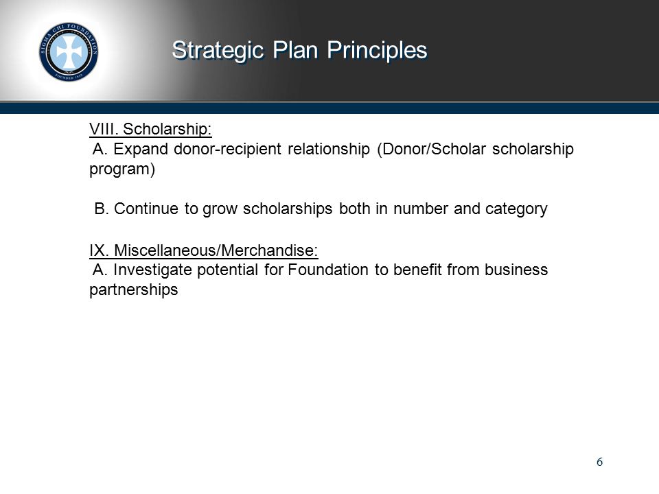 6 Strategic Plan Principles Forecast Last year MGO contribution (not in AF total) This year Last Year This Year Plan MGO AF (Not in Total) major gift contribution (not in AF total) Forecast Last Year This Year VIII.