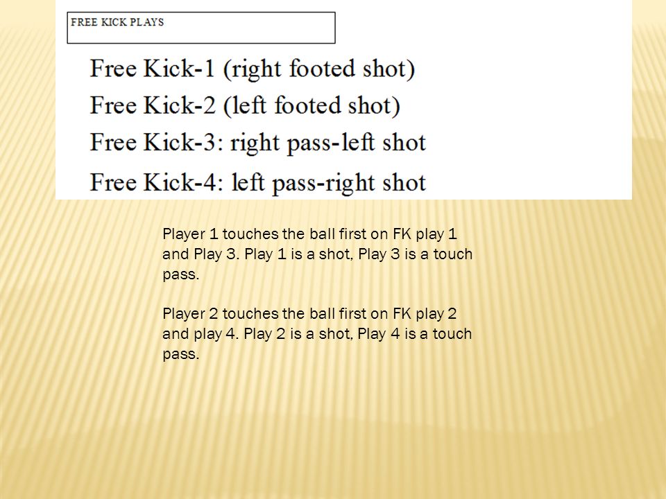 Player 1 touches the ball first on FK play 1 and Play 3.