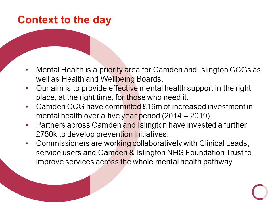 Context to the day Mental Health is a priority area for Camden and Islington CCGs as well as Health and Wellbeing Boards.