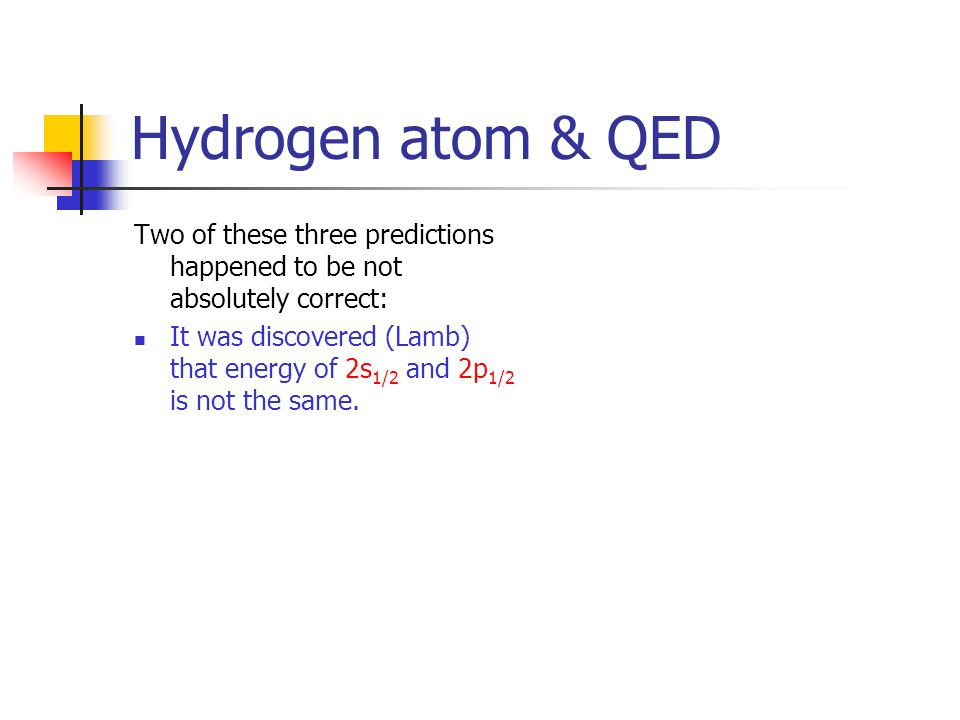 Hydrogen atom & QED Two of these three predictions happened to be not absolutely correct: It was discovered (Lamb) that energy of 2s 1/2 and 2p 1/2 is not the same.