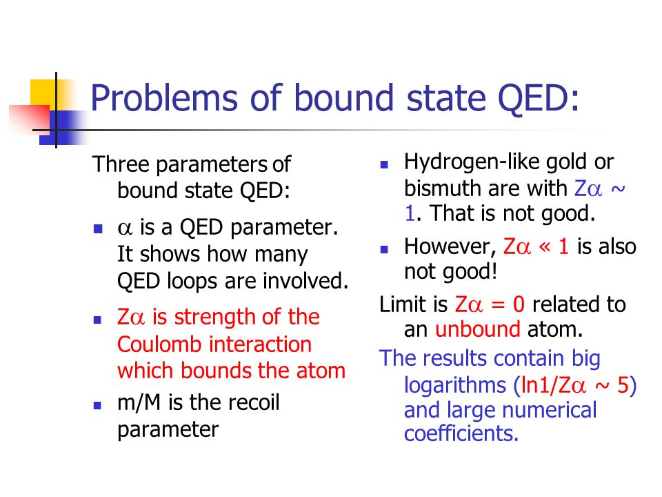 Problems of bound state QED: Three parameters of bound state QED:  is a QED parameter.