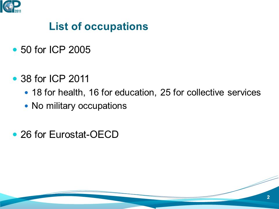 List of occupations 50 for ICP for ICP for health, 16 for education, 25 for collective services No military occupations 26 for Eurostat-OECD 2