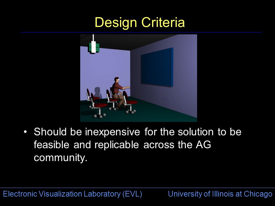 Electronic Visualization Laboratory (EVL) University of Illinois at Chicago Design Criteria Should be inexpensive for the solution to be feasible and replicable across the AG community.