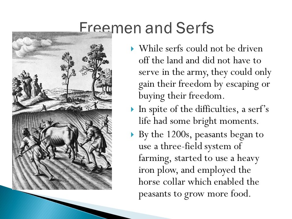  While serfs could not be driven off the land and did not have to serve in the army, they could only gain their freedom by escaping or buying their freedom.