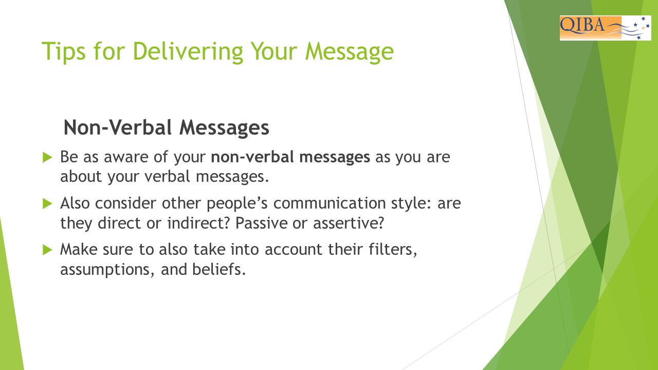 Tips for Delivering Your Message Non-Verbal Messages  Be as aware of your non-verbal messages as you are about your verbal messages.