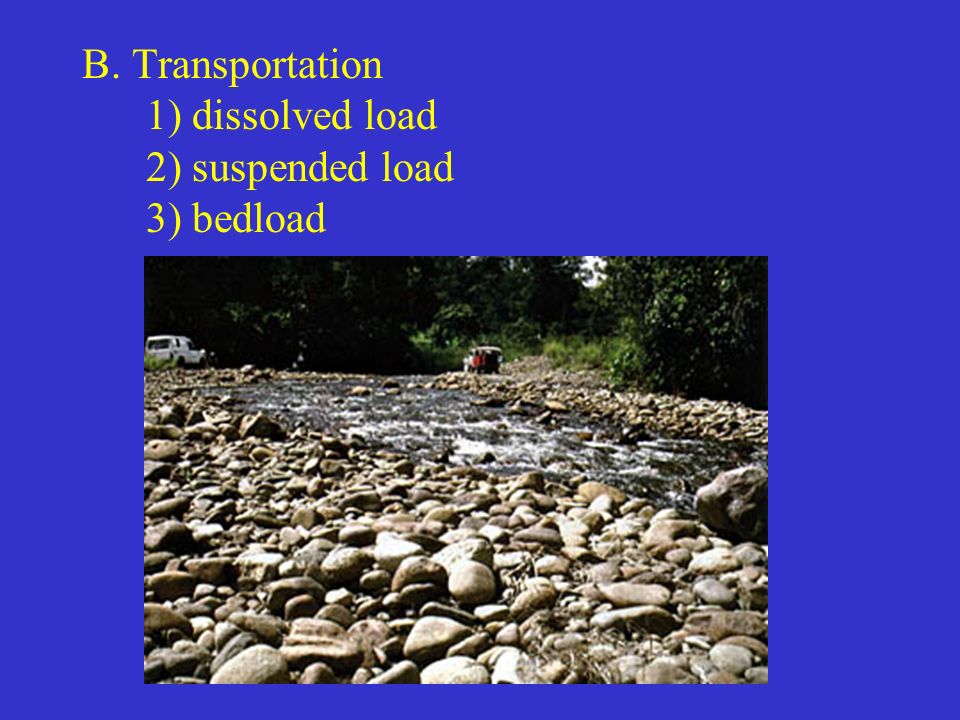 B. Transportation 1) dissolved load 2) suspended load 3) bedload