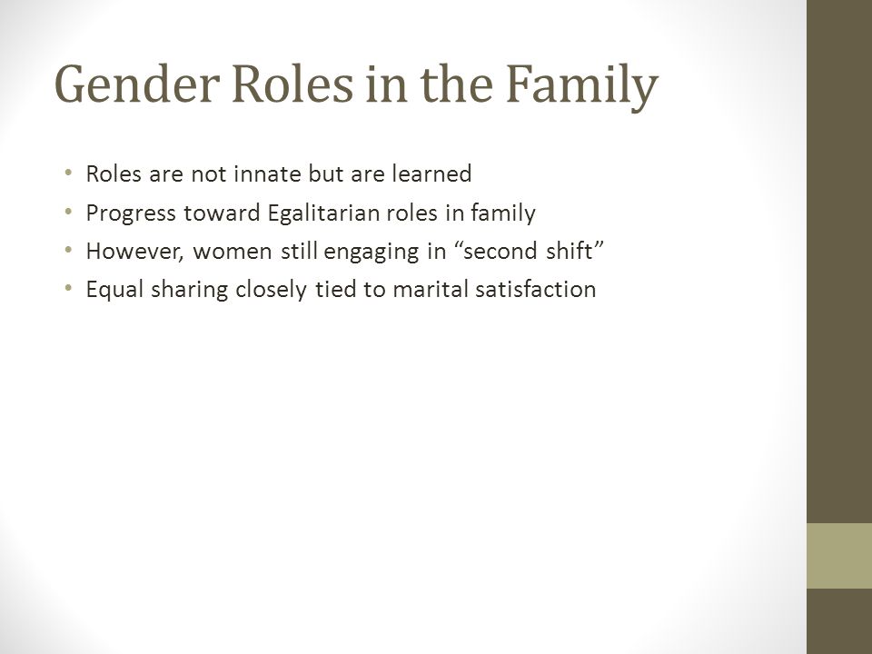 Gender Roles And Development Chapter 7. Gender Roles In The Family Roles Are  Not Innate But Are Learned Progress Toward Egalitarian Roles In Family  However, - Ppt Download