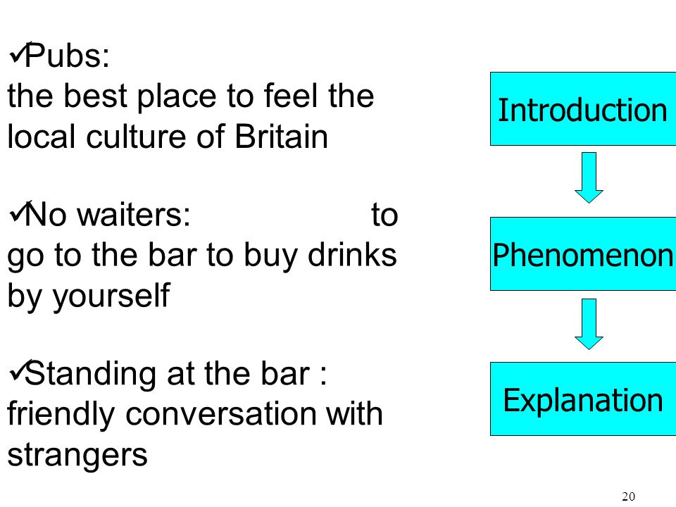 20 Pubs: the best place to feel the local culture of Britain No waiters: to go to the bar to buy drinks by yourself Standing at the bar : friendly conversation with strangers Introduction Explanation Phenomenon