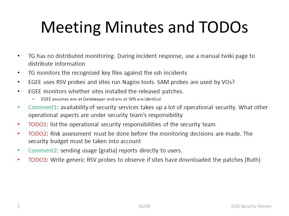 meeting minutes and todos tg has no distributed monitoring during