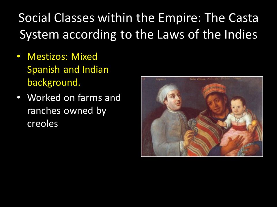 Social Classes within the Empire: The Casta System according to the Laws of the Indies Mestizos: Mixed Spanish and Indian background.