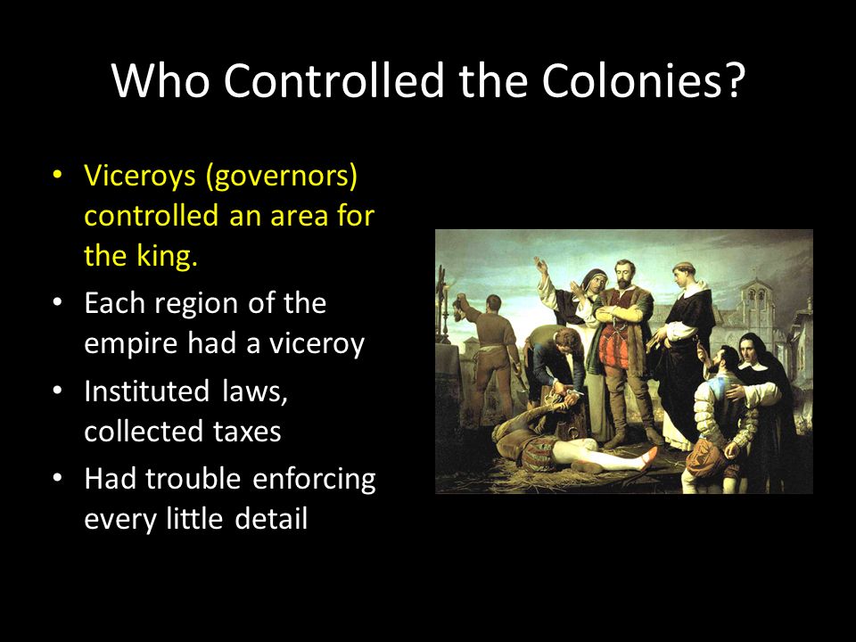 Who Controlled the Colonies. Viceroys (governors) controlled an area for the king.