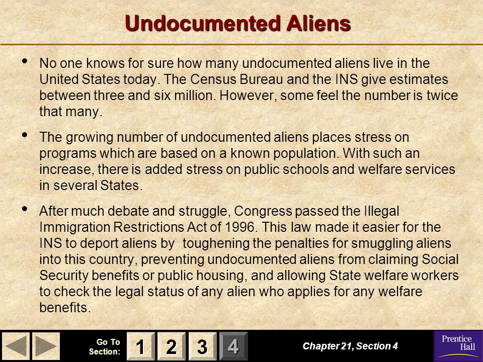 123 Go To Section: 4 Undocumented Aliens No one knows for sure how many undocumented aliens live in the United States today.