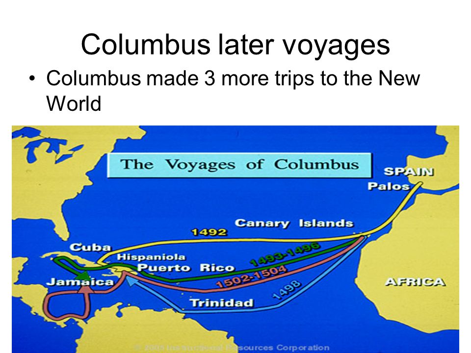 Columbus later voyages Columbus made 3 more trips to the New World.
