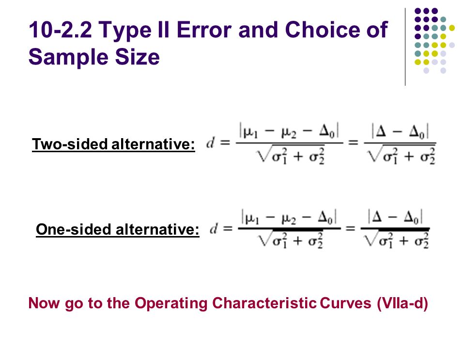Type II Error and Choice of Sample Size Two-sided alternative: One-sided alternative: Now go to the Operating Characteristic Curves (VIIa-d)