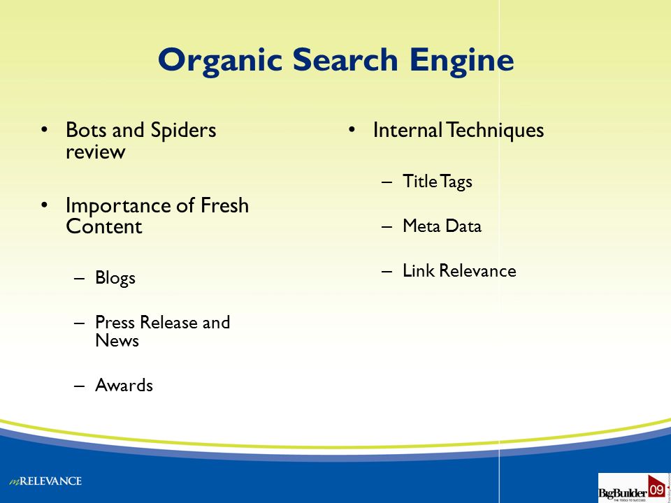 Organic Search Engine Bots and Spiders review Importance of Fresh Content – Blogs – Press Release and News – Awards Internal Techniques – Title Tags – Meta Data – Link Relevance