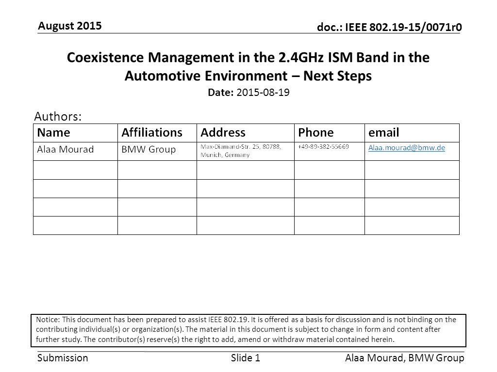 Submission doc.: IEEE /0071r0 August 2015 Alaa Mourad, BMW GroupSlide 1 Coexistence Management in the 2.4GHz ISM Band in the Automotive Environment – Next Steps Date: Authors: Notice: This document has been prepared to assist IEEE