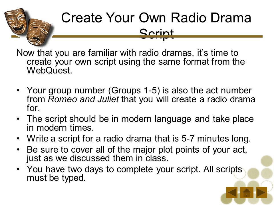 The Romeo and Juliet Radio Drama. Your Programming Guide During this  lesson, your group will complete the following tasks. Click each one in  turn to work. - ppt download