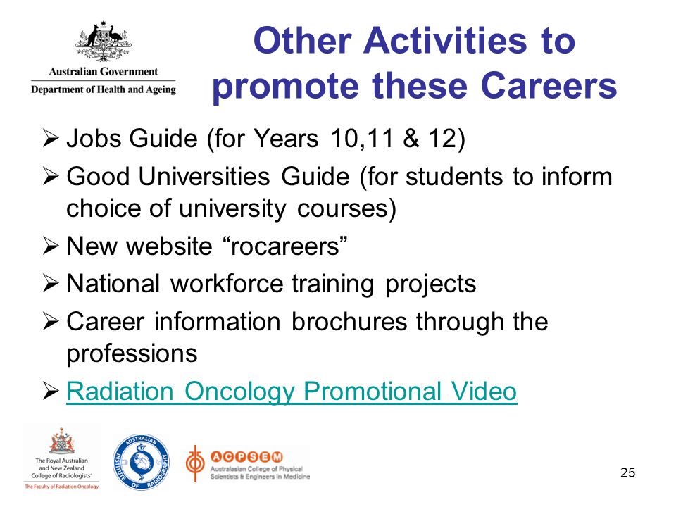 25 Other Activities to promote these Careers  Jobs Guide (for Years 10,11 & 12)  Good Universities Guide (for students to inform choice of university courses)  New website rocareers  National workforce training projects  Career information brochures through the professions  Radiation Oncology Promotional Video Radiation Oncology Promotional Video