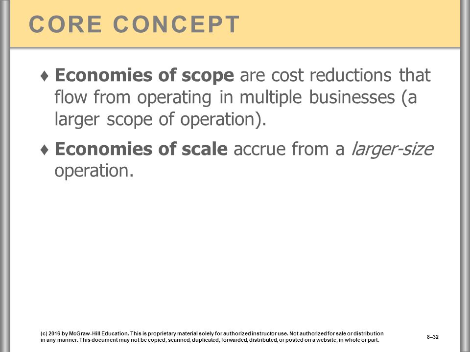 CORE CONCEPT ♦ Economies of scope are cost reductions that flow from operating in multiple businesses (a larger scope of operation).
