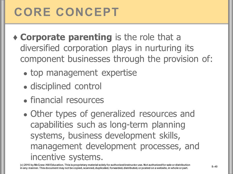 CORE CONCEPT ♦ Corporate parenting is the role that a diversified corporation plays in nurturing its component businesses through the provision of: ● top management expertise ● disciplined control ● financial resources ● Other types of generalized resources and capabilities such as long-term planning systems, business development skills, management development processes, and incentive systems.
