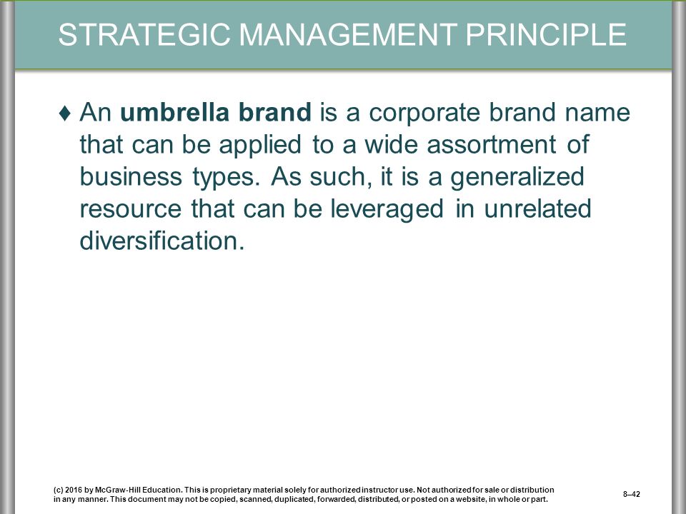 STRATEGIC MANAGEMENT PRINCIPLE ♦An umbrella brand is a corporate brand name that can be applied to a wide assortment of business types.