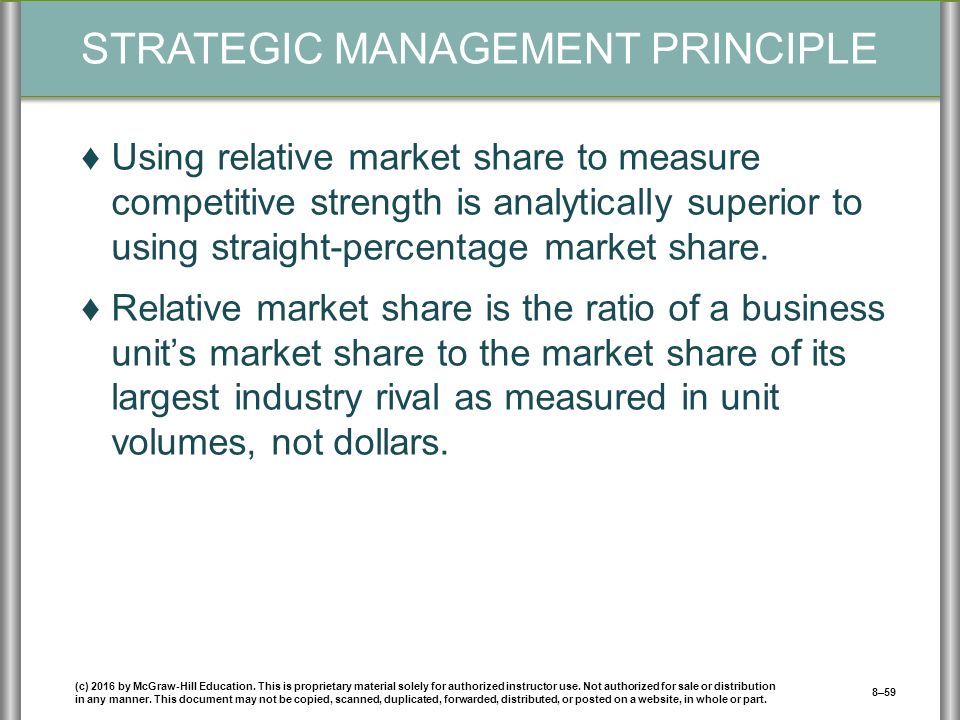 STRATEGIC MANAGEMENT PRINCIPLE ♦Using relative market share to measure competitive strength is analytically superior to using straight-percentage market share.