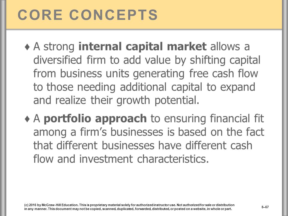 CORE CONCEPTS ♦ A strong internal capital market allows a diversified firm to add value by shifting capital from business units generating free cash flow to those needing additional capital to expand and realize their growth potential.