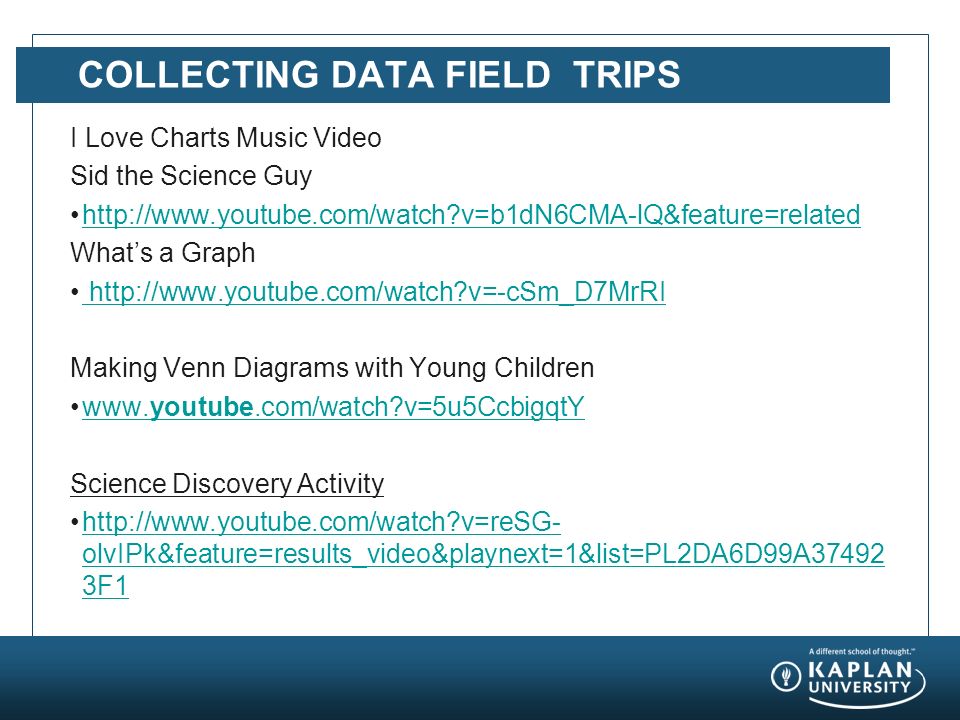 COLLECTING DATA FIELD TRIPS I Love Charts Music Video Sid the Science Guy   v=b1dN6CMA-lQ&feature=related What’s a Graph   v=-cSm_D7MrRI Making Venn Diagrams with Young Children   v=5u5CcbigqtYwww.youtube.com/watch v=5u5CcbigqtY Science Discovery Activity   v=reSG- olvIPk&feature=results_video&playnext=1&list=PL2DA6D99A F1http://  v=reSG- olvIPk&feature=results_video&playnext=1&list=PL2DA6D99A F1
