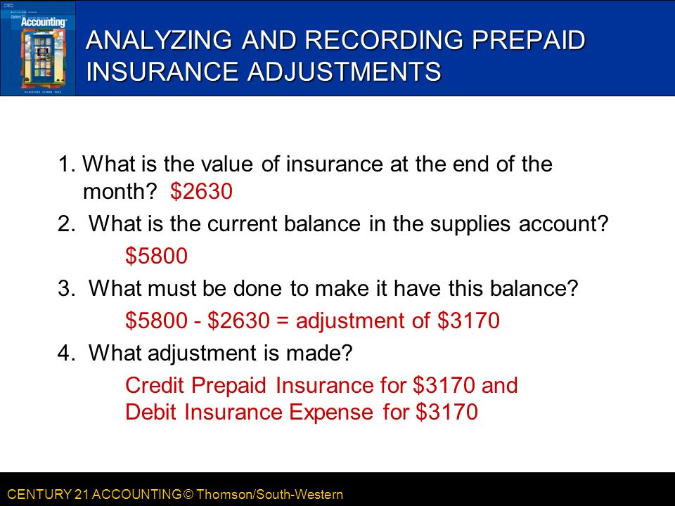 CENTURY 21 ACCOUNTING © Thomson/South-Western ANALYZING AND RECORDING PREPAID INSURANCE ADJUSTMENTS 1.