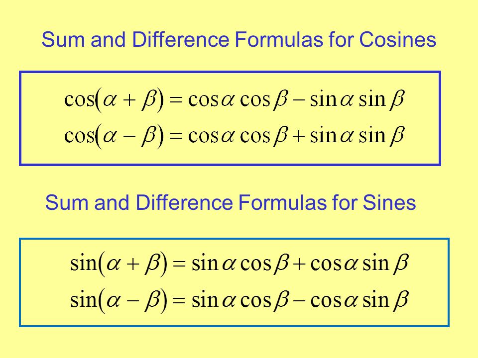 Sum and Difference Formulas for Cosines Sum and Difference Formulas for Sines