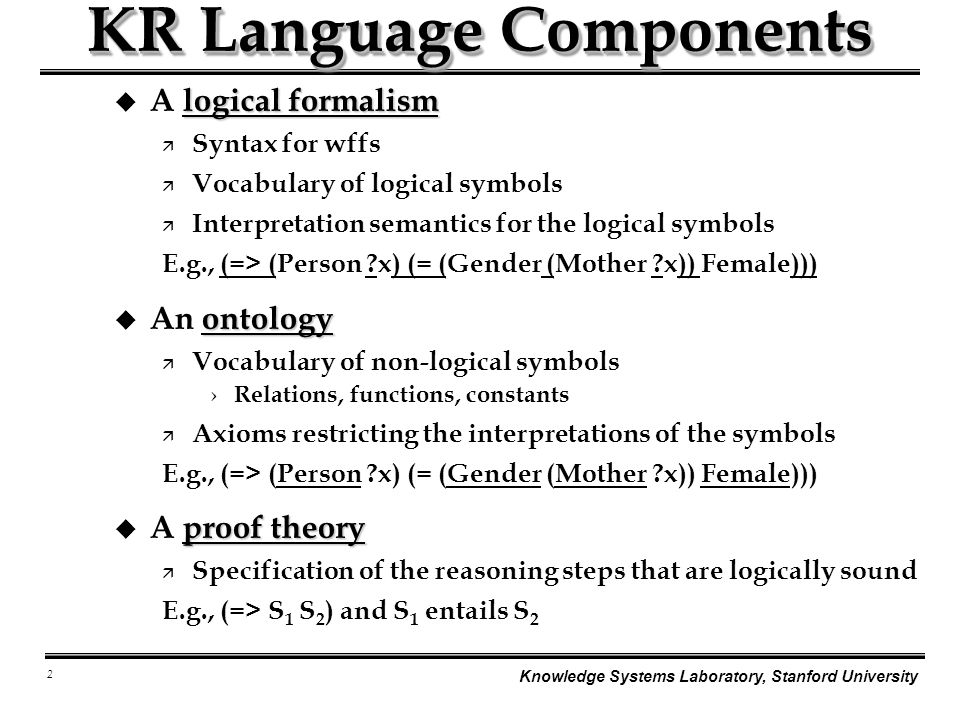 2 Knowledge Systems Laboratory, Stanford University KR Language Components logical formalism u A logical formalism ä Syntax for wffs ä Vocabulary of logical symbols ä Interpretation semantics for the logical symbols E.g., (=> (Person x) (= (Gender (Mother x)) Female))) ontology u An ontology ä Vocabulary of non-logical symbols › Relations, functions, constants ä Axioms restricting the interpretations of the symbols E.g., (=> (Person x) (= (Gender (Mother x)) Female))) proof theory u A proof theory ä Specification of the reasoning steps that are logically sound E.g., (=> S 1 S 2 ) and S 1 entails S 2