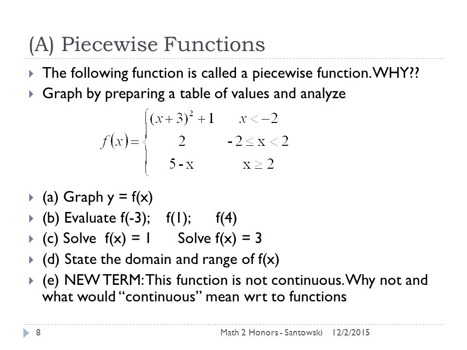 (A) Piecewise Functions  The following function is called a piecewise function.