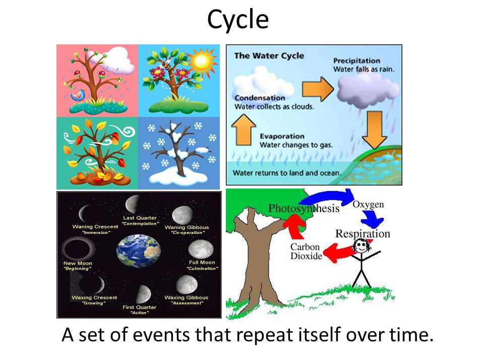 Cycle A set of events that repeat itself over time.