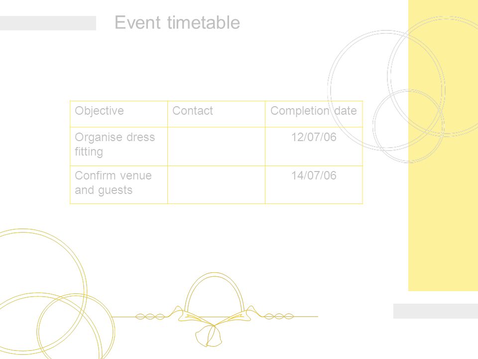 Wedding Planning Bride Groom Contents Introduction Table Of 4 Event Timetable Objectivecontactcompletion Date Organise Dress Ing 12 07 06 Confirm Venue And Guests 14