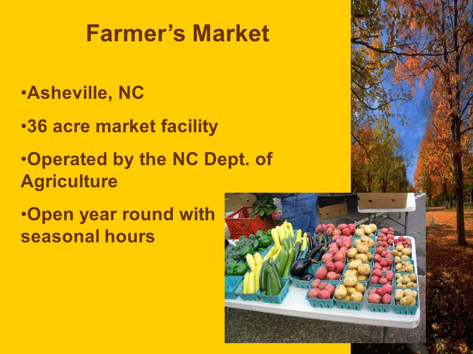Farmer’s Market Asheville, NC 36 acre market facility Operated by the NC Dept.